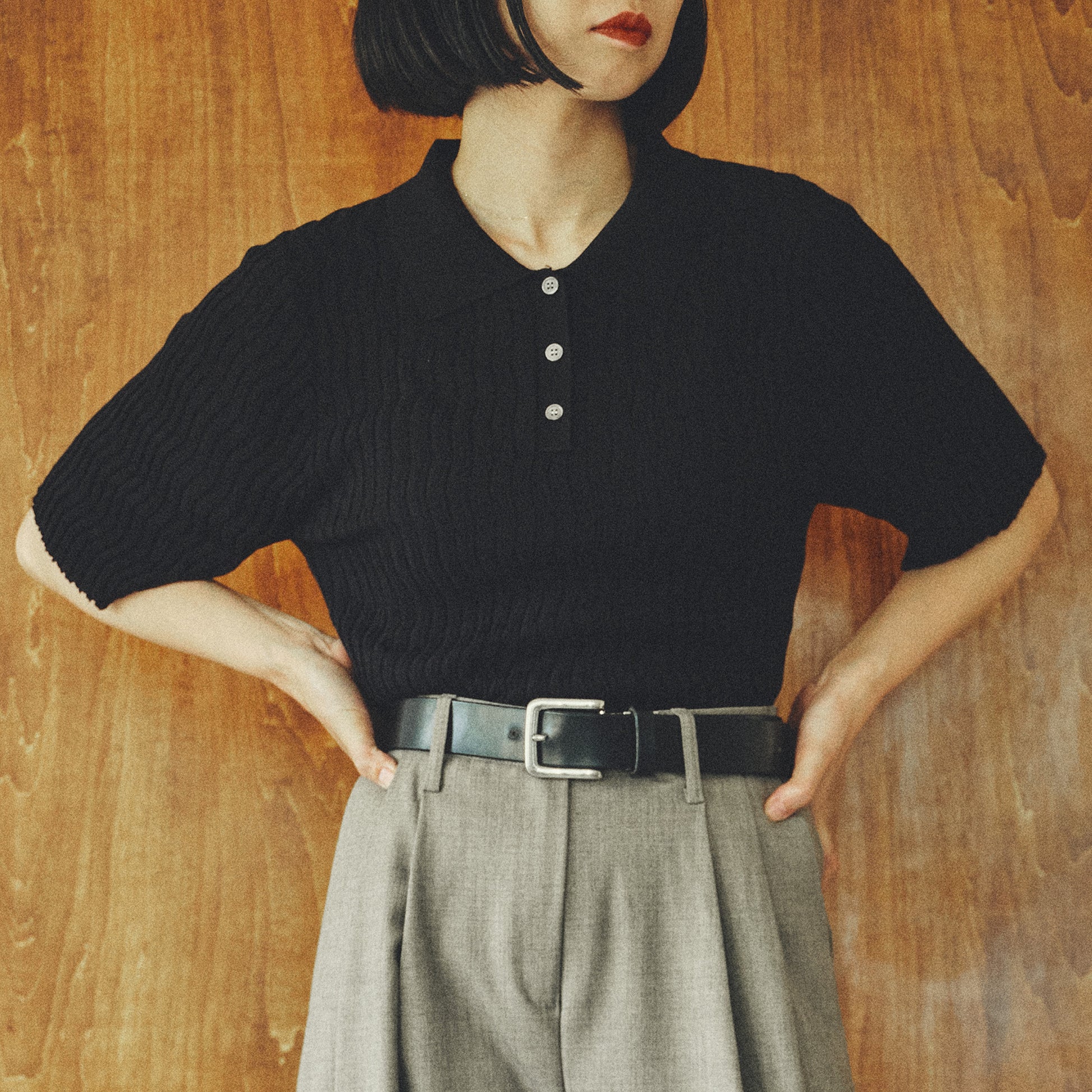 Silk Wave Rib Polo Top/シルク ウェーブ リブ ポロ トップ