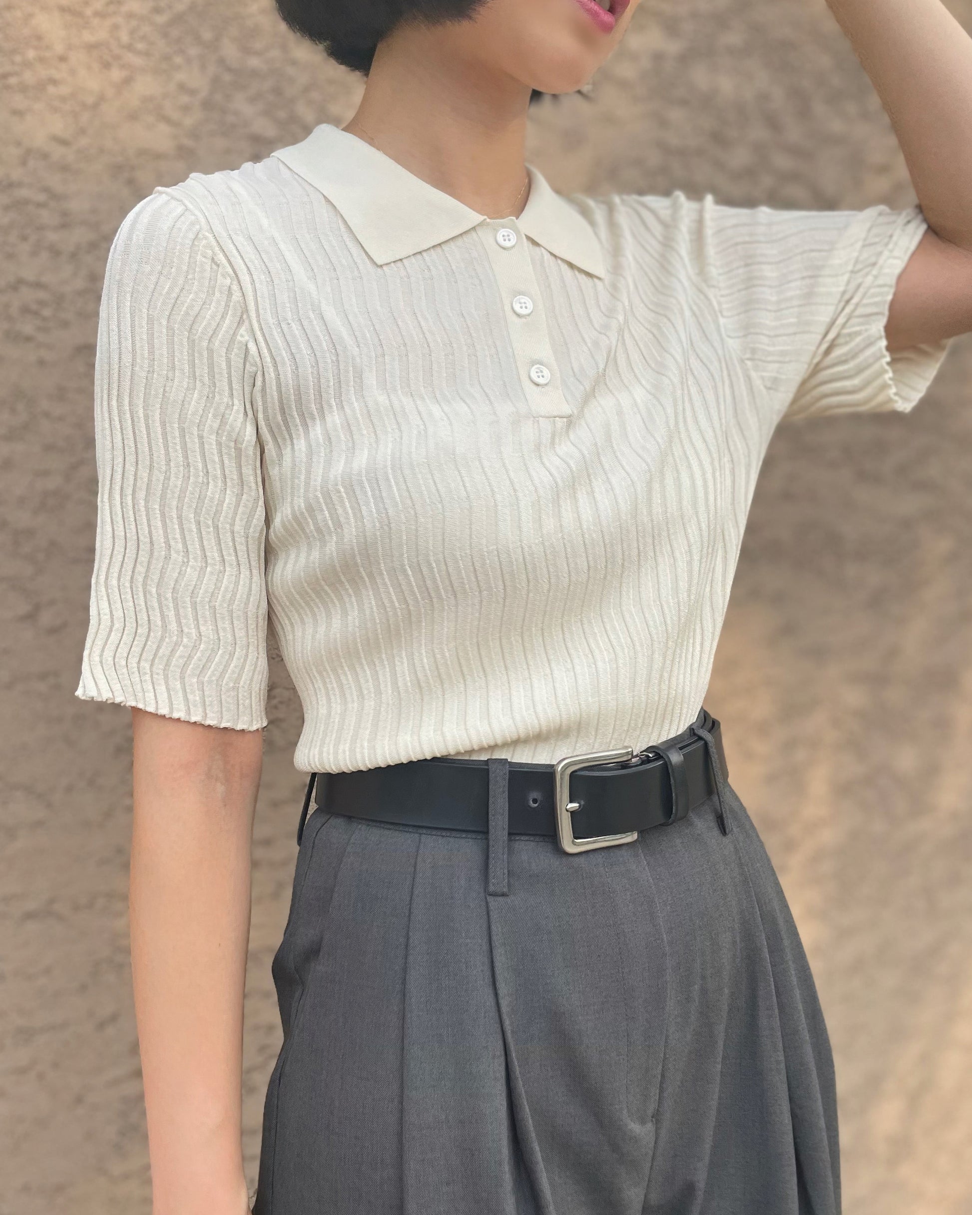 Silk Wave Rib Polo Top/シルク ウェーブ リブ ポロ トップ