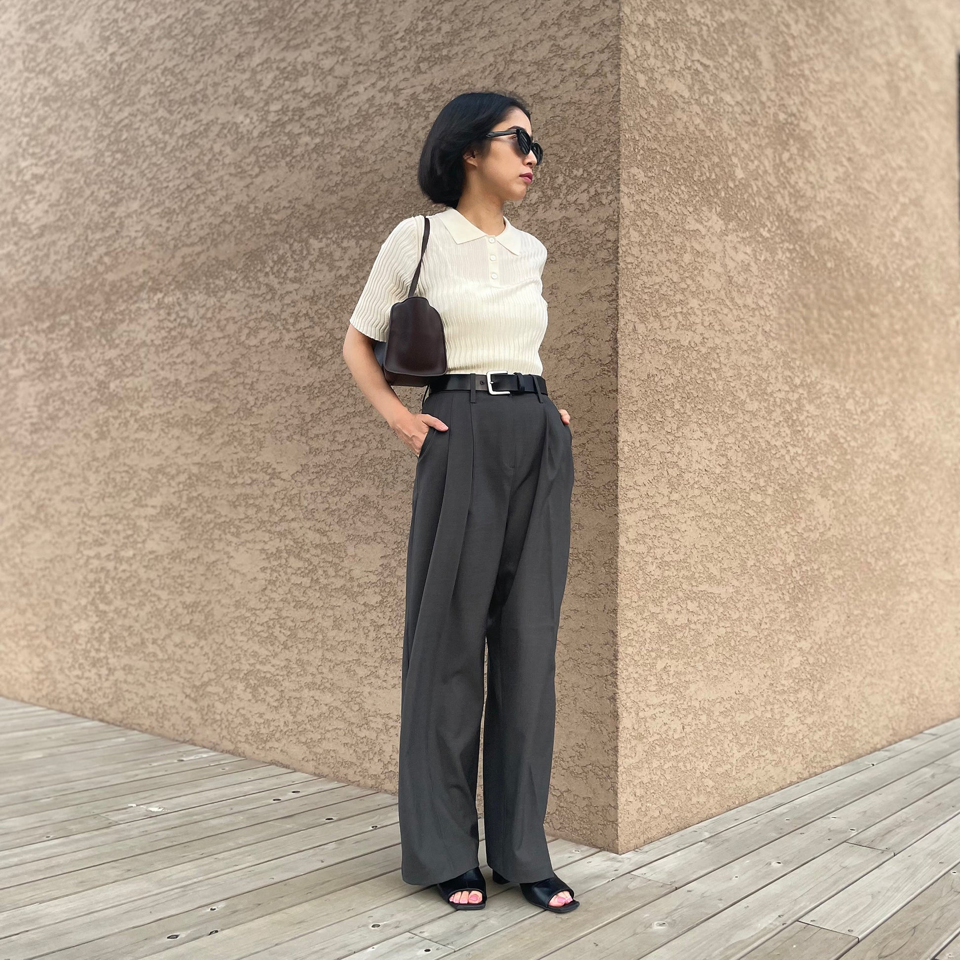 Silk Wave Rib Polo Top/シルク ウェーブ リブ ポロ トップ