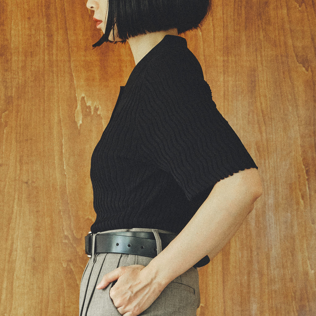 Silk Wave Rib Polo Top/シルク ウェーブ リブ ポロ トップ