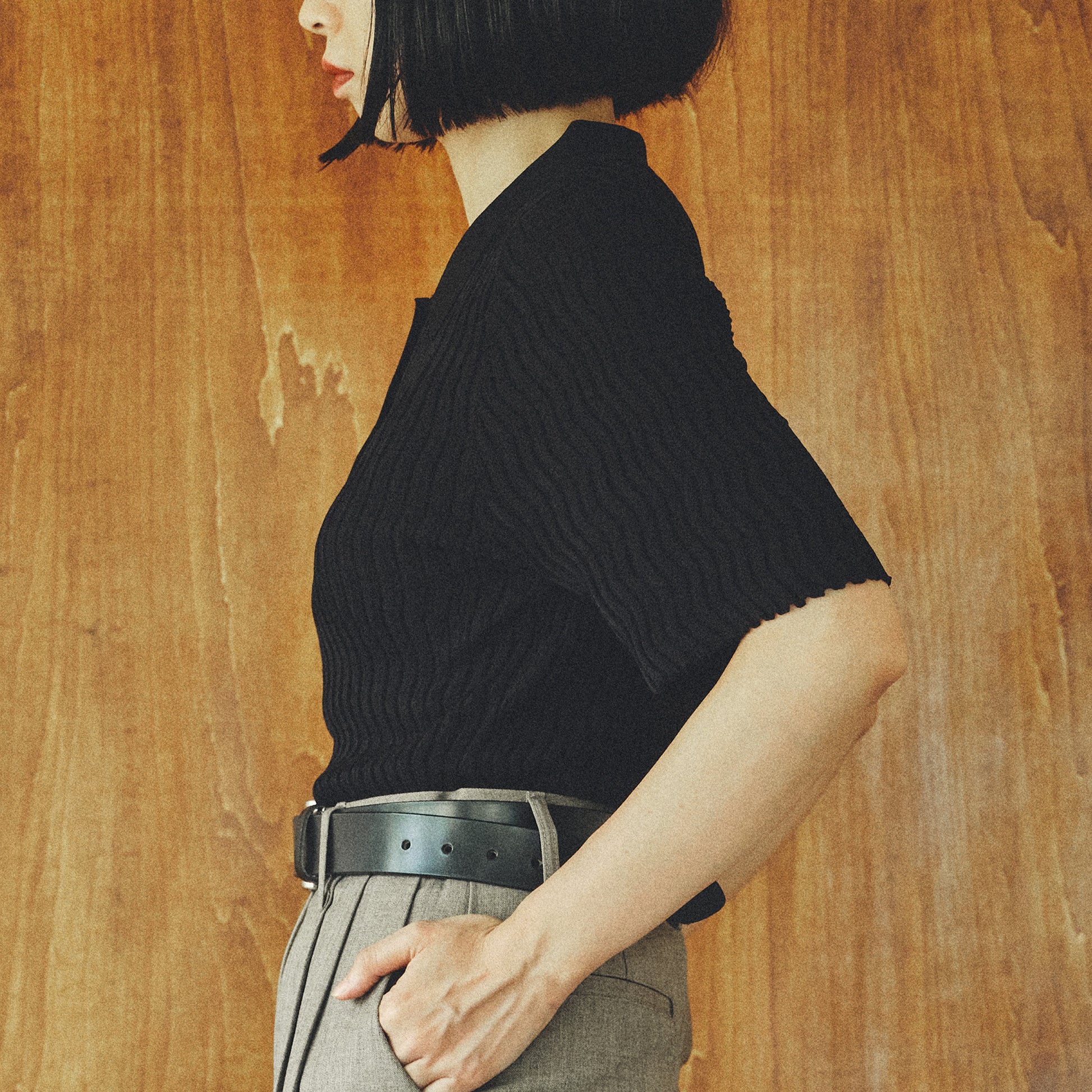Silk Wave Rib Polo Top/シルク ウェーブ リブ ポロ トップ