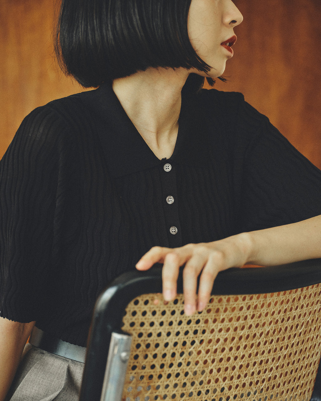 Silk Wave Rib Polo Top/シルク ウェーブ リブ ポロ トップ