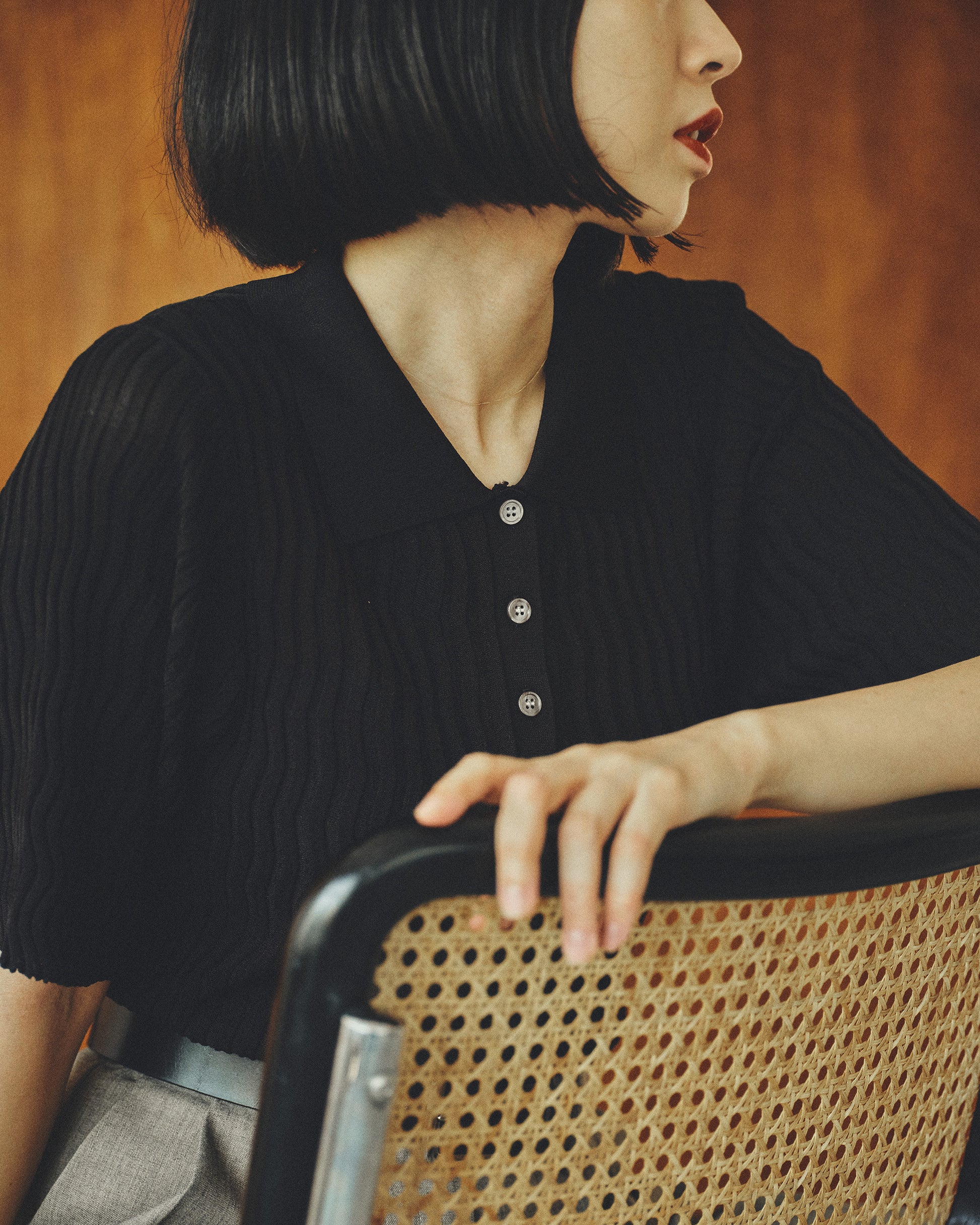 Silk Wave Rib Polo Top/シルク ウェーブ リブ ポロ トップ